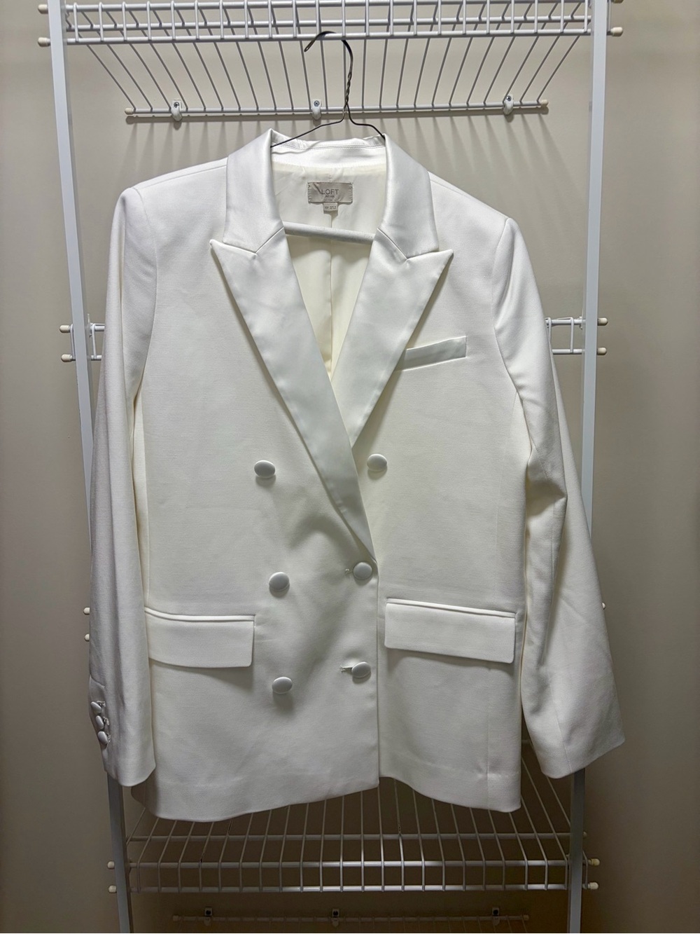 Classy LOFT Double-Breasted White Satin-Trim Blazer